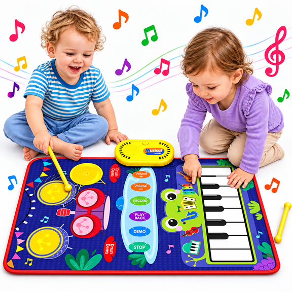 ICREOPRO 3-in-1 Toddler Musical Play Mat with 13-Key Piano, Electronic Drum Pad, 6 Instrument Sounds and 2 Drum Sticks,Music Mat Gift for Kids