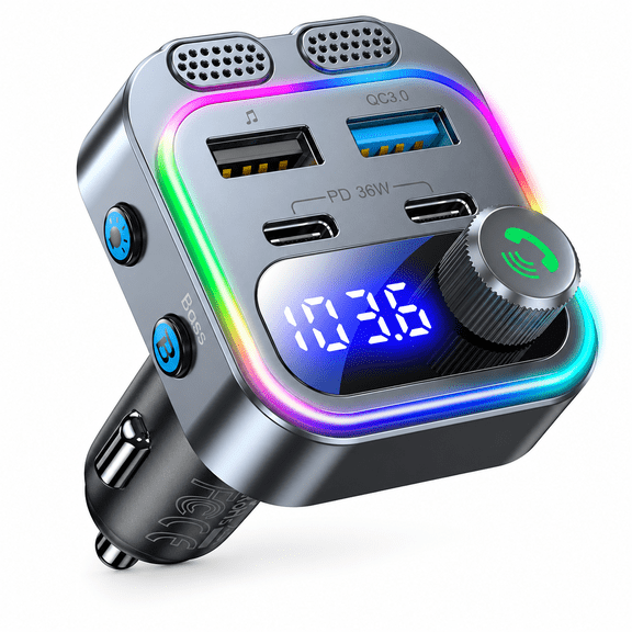 ICREOPRO Bluetooth 5.4 FM Transmitter for Car, 66W Max 4-Port Charging Car Adapter with PD 36W & QC3.0, Hands-Free Calling, Dual Mic, Bass Boost, RGB Light