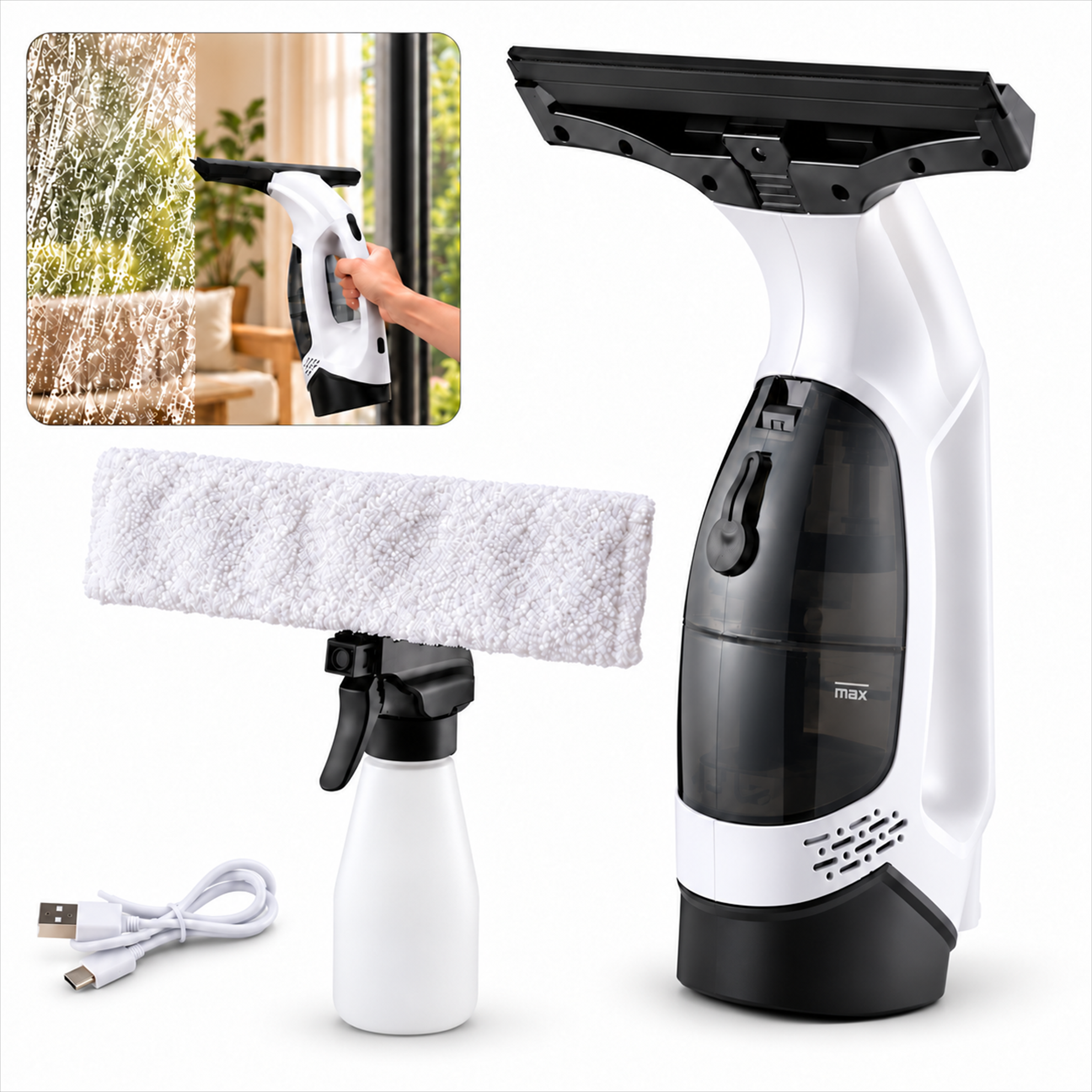 ICREOPRO Cordless Window Vacuum Cleaner, 20W Handheld Electric Glass Squeegee, 1.8-2.0 kPa Suction, 2200mAh, 50-Min Runtime, 150mL Tank, Spray Bottle & Microfiber Pad