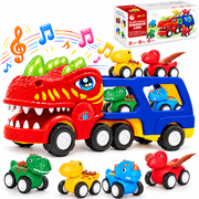 ICREOPRO Dinosaur Truck Toys for Kids 3+, Transport Truck Toy Set with Detachable Double-Deck Trailer, 4 Pull-Back Dinosaur Toy Cars, Lights & Sounds