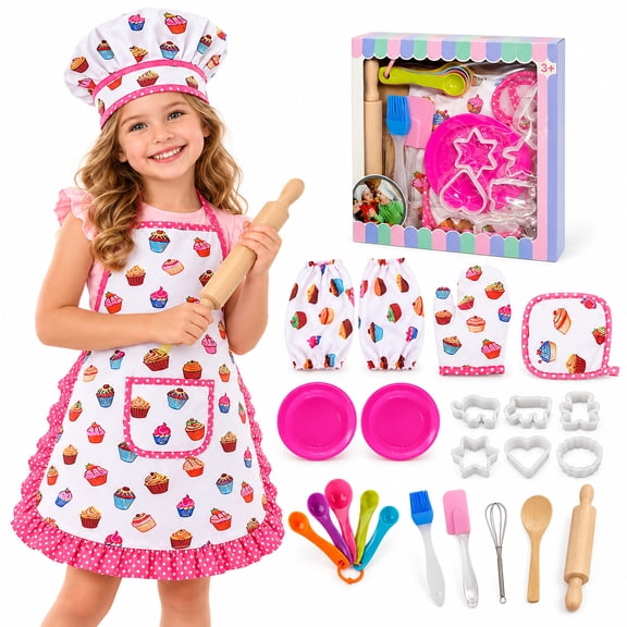 ICREOPRO Kids Baking Set, 20-Piece Kids Cooking Set with Apron, Chef Hat, Oven Mitt, Cookie Cutters, Rolling Pin and Baking Tools, Pretend Play Kitchen Accessories for Kids