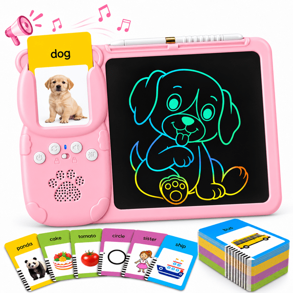 ICREOPRO Talking Flash Cards with LCD Writing Tablet, 2 in 1 Educational Toys for Kids, 224 English Words, 112 Double-Sided Cards, Erasable Drawing Board, Preschool Learning Toy, Pink