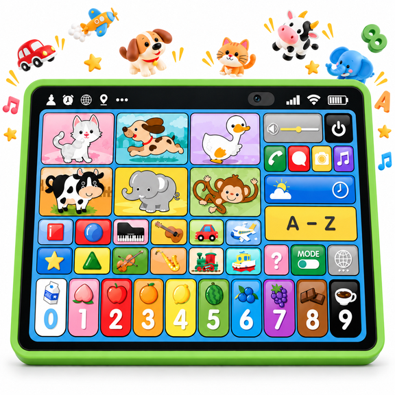 ICREOPRO Trilingual Learning Tablet for Toddlers Ages 1-3, Interactive Educational Toy with English, Spanish and French, Question Mode, Numbers, Colors, ABCs, Piano and Built-In Stand, Green