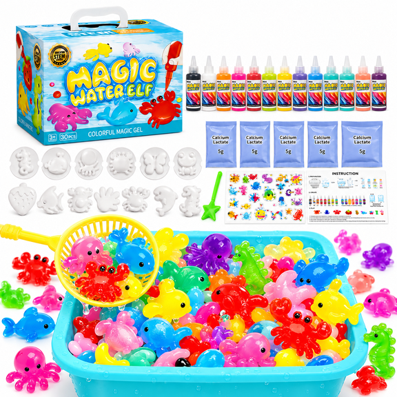 ICREOPRO Magic Gel Water Pets Toy Kit for Kids, 33-Piece Magic Water Elf DIY Craft Set with 12 Color Gels, 12 Reusable Molds and Activity Box, Birthday & Summer Gifts for Kids Ages 3+