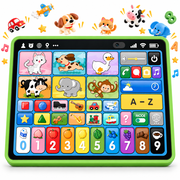 ICREOPRO Trilingual Learning Tablet for Toddlers Ages 1-3, Interactive Educational Toy with English, Spanish and French, Question Mode, Numbers, Colors, ABCs, Piano and Built-In Stand, Green