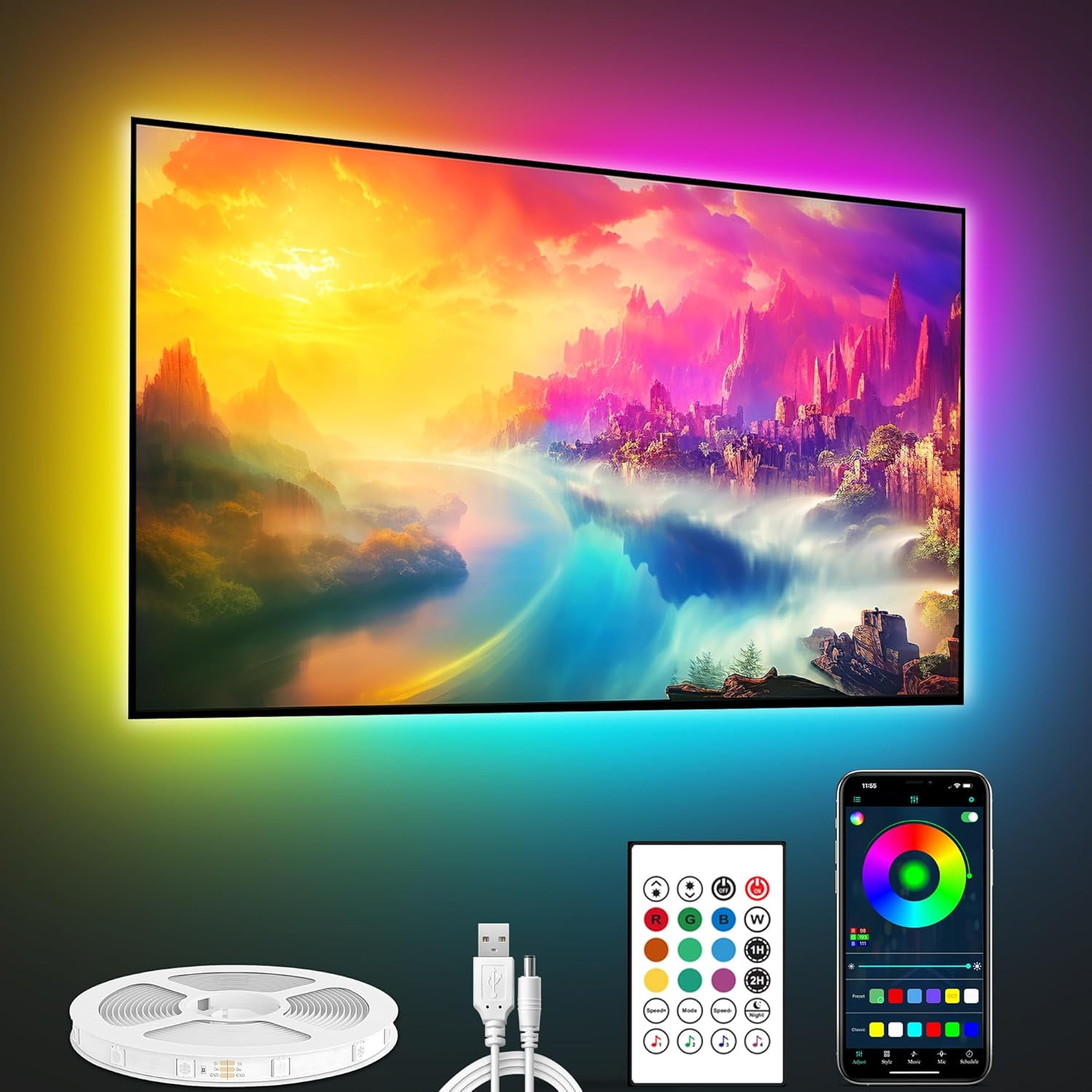 ICRGB LED Lights for TV, 18ft Bluetooth TV LED Backlight for 71-75in, Color Changing TV Lights Behind, TV LED Lights USB Powered, App and Remote Control TV LED Strip Lights