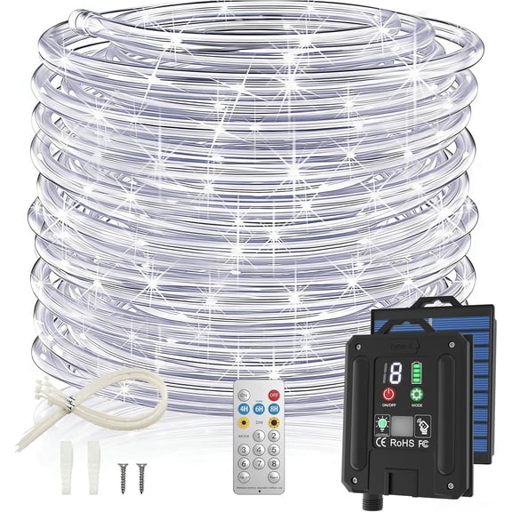 ICRGB Solar Rope Lights, 66FT 200LED 1800mAh Outdoor Waterproof Lights with Remote, IP67 String Light Timing & 8 Modes for Garden Tree Pathway Yard Pool RV Christmas Decor, White