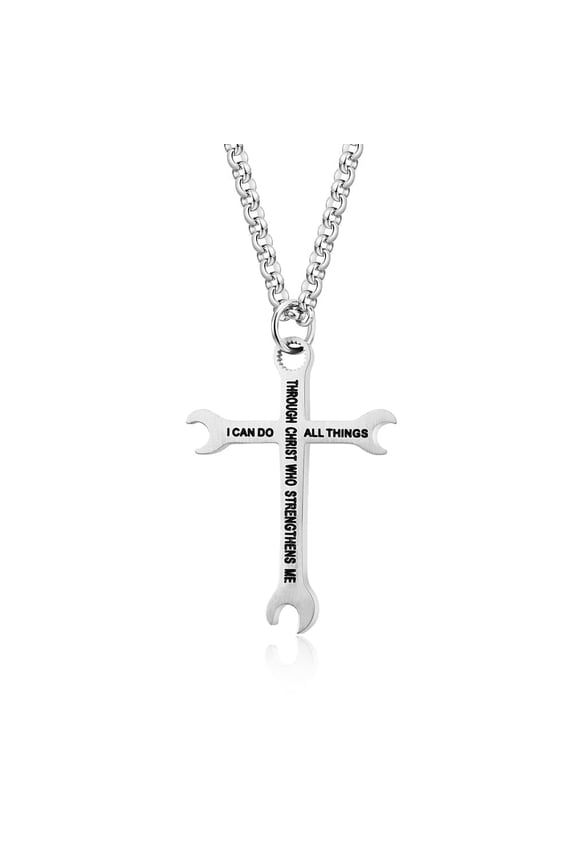 Cross Necklace for Men Stainless Steel Wrench Cross Pendant Necklace with 24" Box Chain Jewelry for Men Father Son Boyfriend