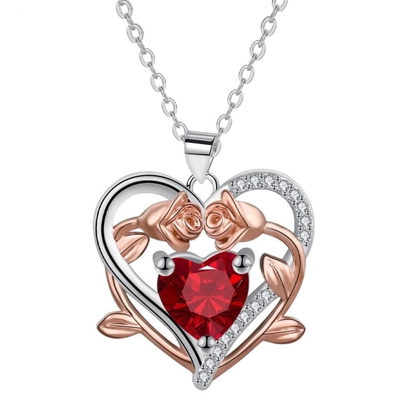 Rose Heart Necklace for Women, 925 Sterling Silver Love Heart Pendant with Red Ruby, Jewelry Gift for Wife Mom Girlfriend