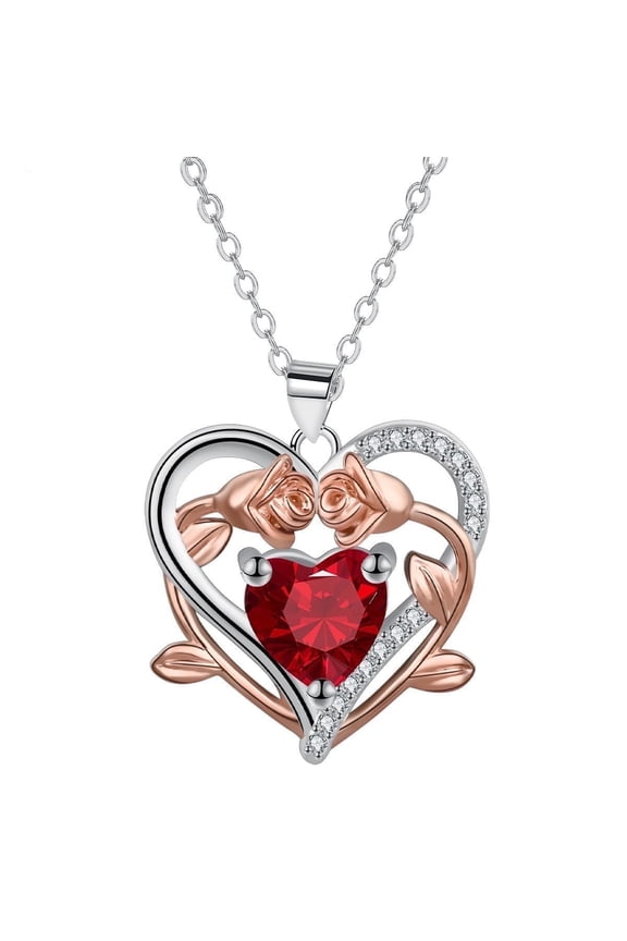 Rose Heart Necklace for Women, 925 Sterling Silver Love Heart Pendant with Red Ruby, Jewelry Gift for Wife Mom Girlfriend