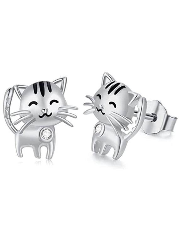 Cat Earrings Cute Kitten Studs Earrings, Silver Plated Cat Earrings for Women, Birthday Gifts Christmas Gifts