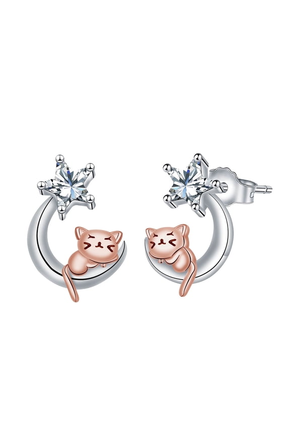 Cat Earrings for Women Sterling Silver Moon and Star Earrings Cat Crescent Jewelry Gifts for Cat Lovers for Girlfriend Daughter