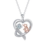 ICTPTOSL Cat Necklace Sterling Silver Cat Birthstone Heart Pendant Necklaces for Women Jewelry Gifts for Women Birthday Gifts for Wife Mom Daughter