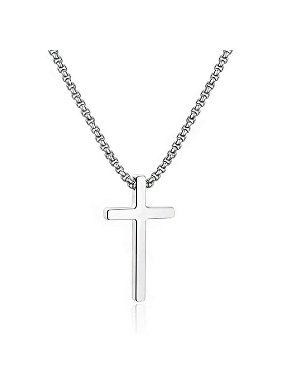 ICTPTOSL Cross Necklace for Men Sterling Silver Cross Pendant with Stainless Steel Box Chain for Christians Fathers Day Christmas