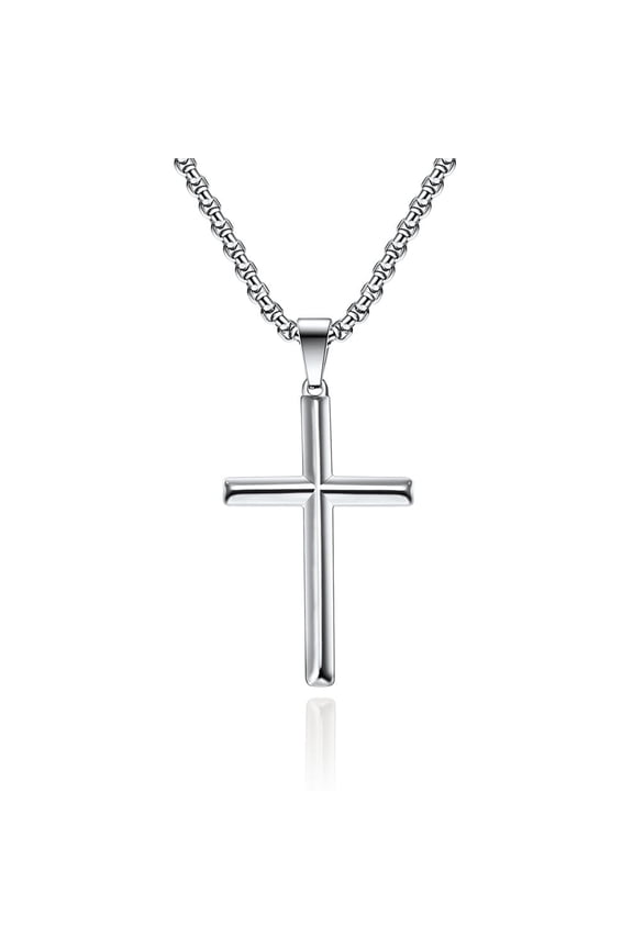 Cross Necklace for Men Women Beveled Edge Cross Necklace Sterling Silver Crucifix Pendant with Stainless Steel Chain, 24"