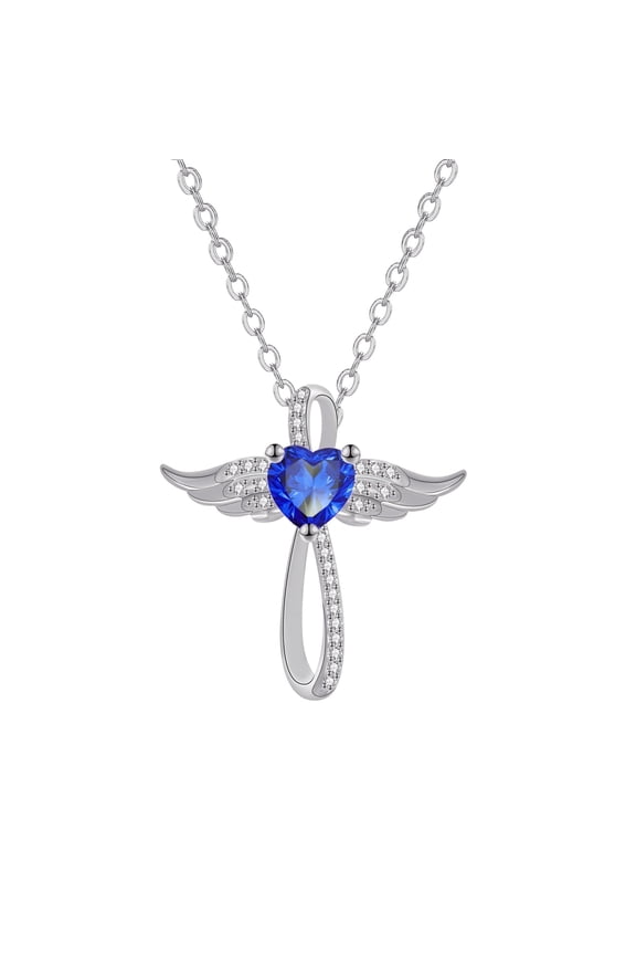 Cross Necklace for Women, 925 Sterling Silver Cross Pendant with Angel Wing Birthstone Necklace, Faith Gift for Mom Wife Daughter Girlfriend