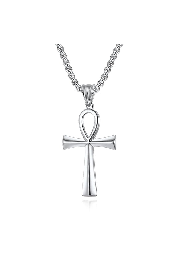 Coptic Ankh Cross Religious Pendant Necklace for Men Women, Stainless Steel Cross Silver/Gold/Black Cross Pendant with 24" Chain