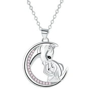 Horse Crescent Moon Pendant Necklace, Silver Plated Pink Cubic Zirconia Moon Horse Necklace, Animal Lover Jewelry Gift for Mother Daughter Girlfriend