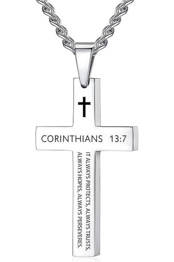Inspirational Bible Verse Cross Necklace for Men, Stainless Steel Plain Black Silver Cross Pendant Necklace for Men 20-24 Inches Curb Chain Faith Jewelry Gift