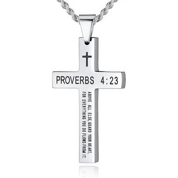 Rynsito Inspirational Bible Verse Cross Necklace for Men, Stainless Steel Plain Black Silver Cross Pendant Necklace for Men 20-24 Inches Curb Chain Faith Jewelry Gift