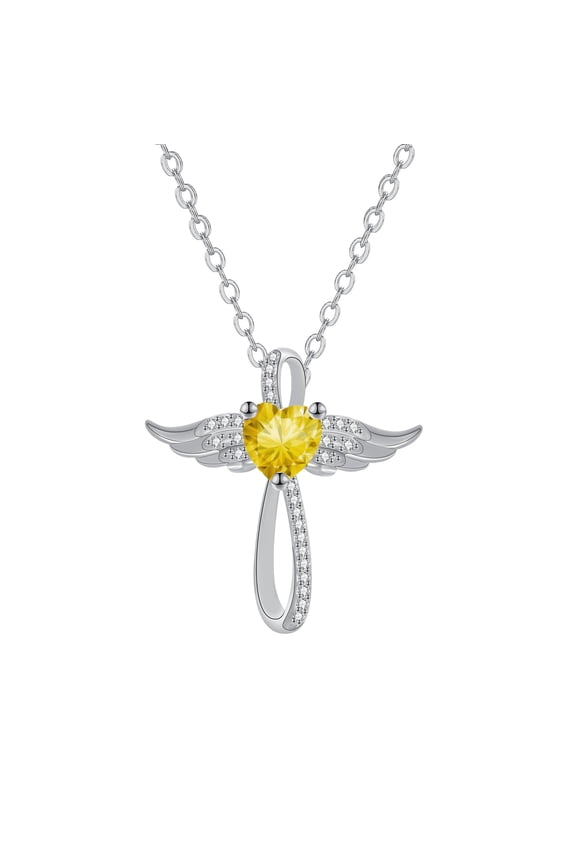 Cross Necklace for Women, 925 Sterling Silver Cross Pendant with Angel Wing Birthstone Necklace, Faith Gift for Mom Wife Daughter Girlfriend