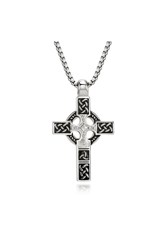 Nordic Viking Cross Necklace for Men, Oxidized Silver Irish Celtic Cross Pendant Necklace, Religious Gift for Men Dad Boyfriend Uncle