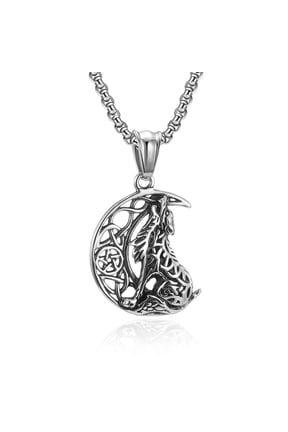 Wolf Pendant Necklace 925 Sterling Silver Crescent Norse Viking Wolf Jewelry Gift for Women Men