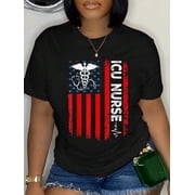 ICU Nurse American Flag Patriotic Intensive Care Unit Nurse T-Shirt Graphic Tee summer Tops For Women Round Neck Fashion Cotton shirts