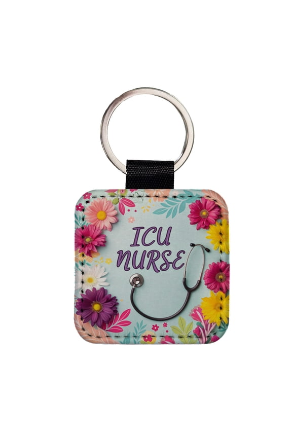 ICU Nurse Appreciation Stethoscope Flowers Faux Leather Square Keychain