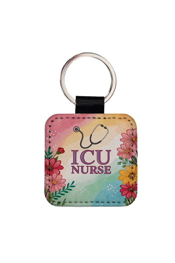 ICU Nurse Appreciation Stethoscope Flowers Floral Faux Leather Square Keychain