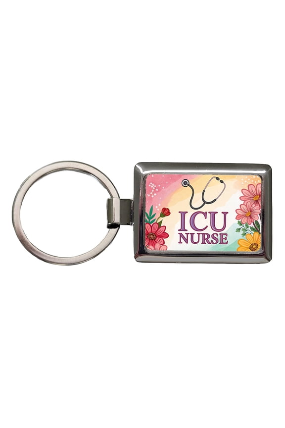 ICU Nurse Appreciation Stethoscope Flowers Floral Metal Rectangle Keychain