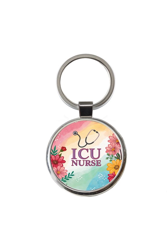 ICU Nurse Appreciation Stethoscope Flowers Floral Metal Round Keychain