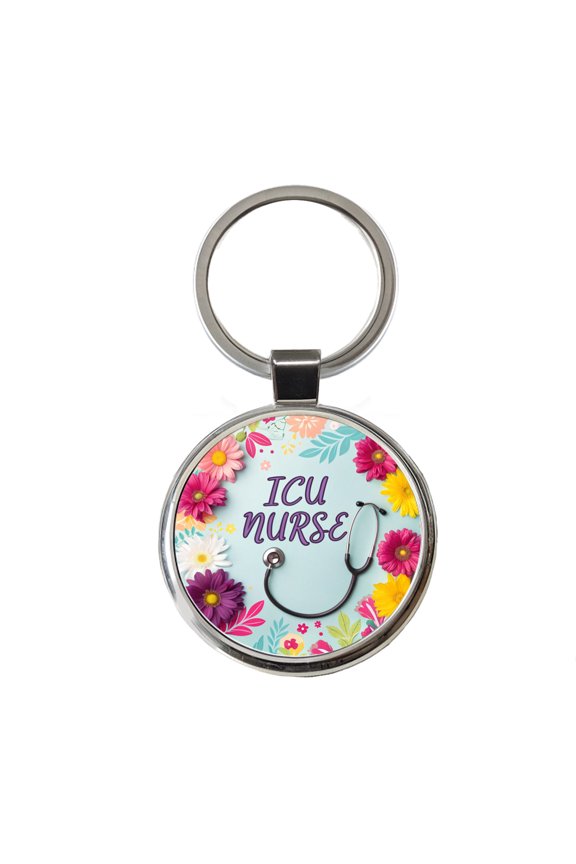 ICU Nurse Appreciation Stethoscope Flowers Metal Round Keychain