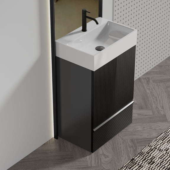 ICYBER BOOM Modern 20 Inch Black Freestanding Bathroom Vanity with Ceramic Sink, 1 Door, 1 Drawer, Soft Close Hardware, Fluted Design