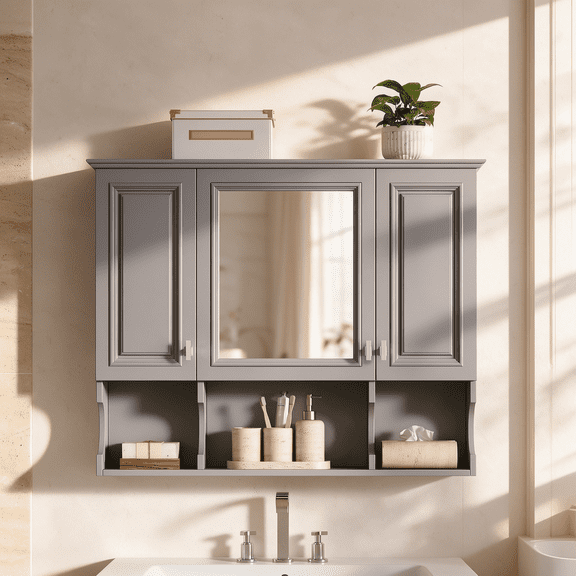 ICYBER BOOM 35" Bathroom Medicine Cabinet, Wall Mounted Mirror Cabinet with Open Storage Shelves, Gray Bathroom Cabinet with Mirror Door, Adjustable Shelves for Bathroom Living Room