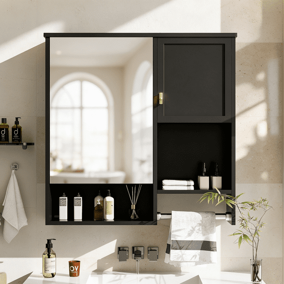 ICYBER BOOM Bathroom Medicine Cabinet, Wall Mounted with Mirror Door, Adjustable Shelves, Towel Bar, Black, 29.52"W x 28.74"H