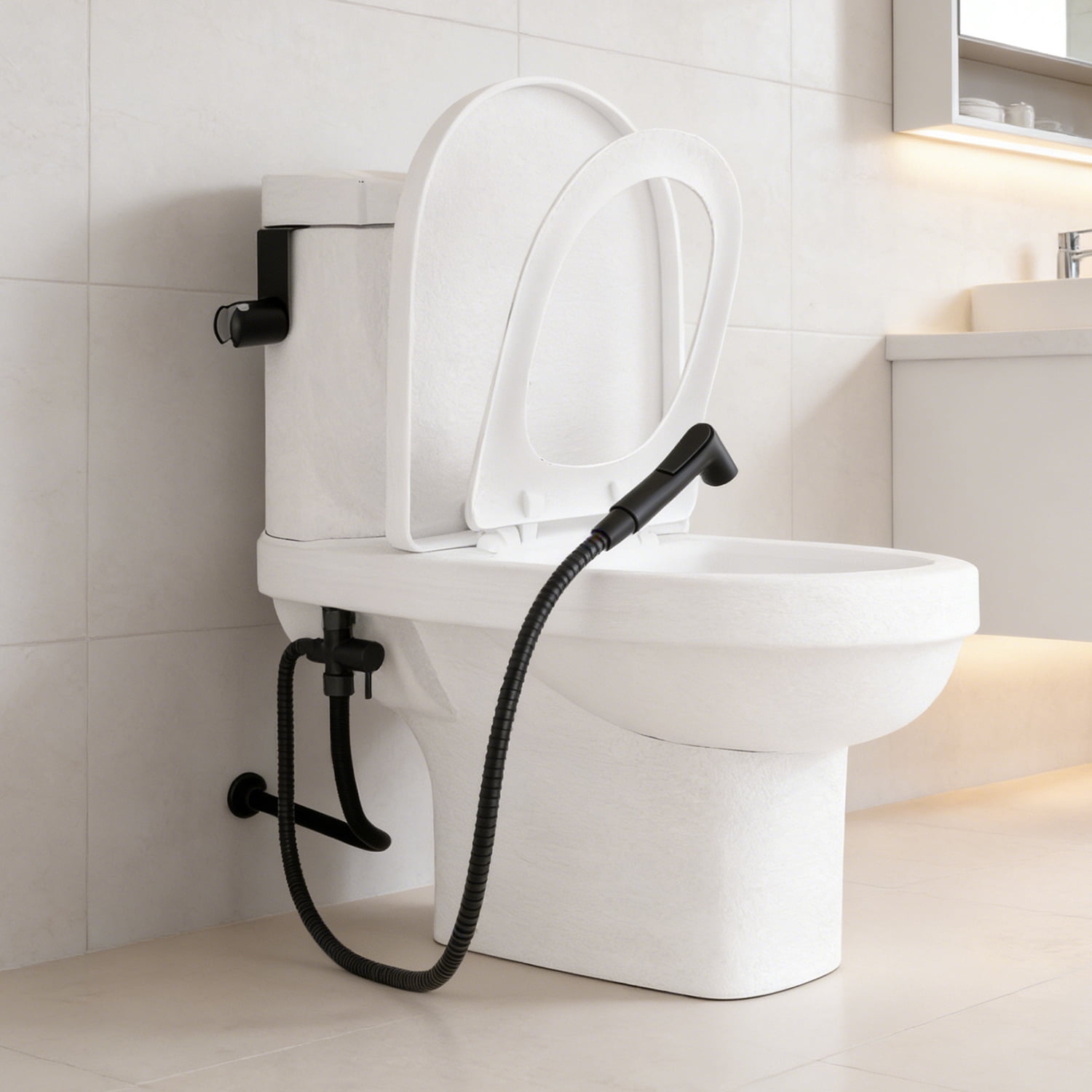 ICYBER BOOM Handheld Bidet Sprayer Kit, Black Stainless Steel Toilet Spray with Adjustable Pressure, 47" Hose & T-Valve Adapter