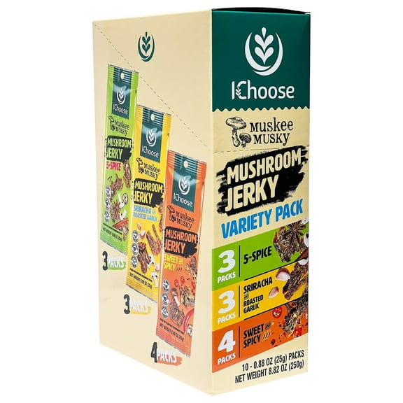 IChoose's Muskee Musky Mushroom Jerky, Mix Variety Flavor, Vegan, High-Fiber Snack, Meatless Jerky, 0.88 oz (25g) - 10 Pack Box