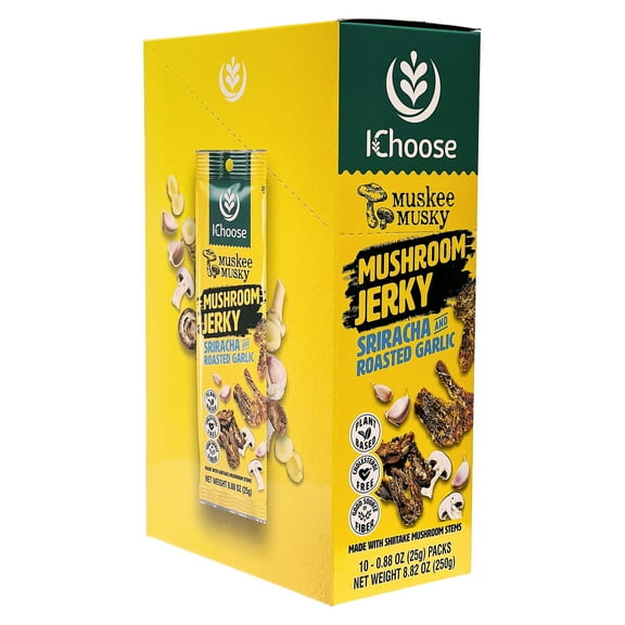 IChoose's Muskee Musky Mushroom Jerky, Sriracha and Roasted Garlic Flavor, Vegan, High-Fiber Snack, Meatless Jerky, 0.88 oz (25g) - 10 Pack Box