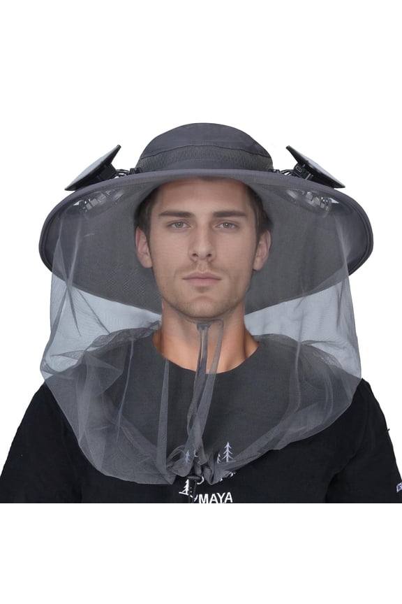 Mosquito Net Hat with Fan Built-in, Wide Brim Solar Fan Hat with Netting, 3 Speeds Adjustable for Men Women Outdoor - Gray