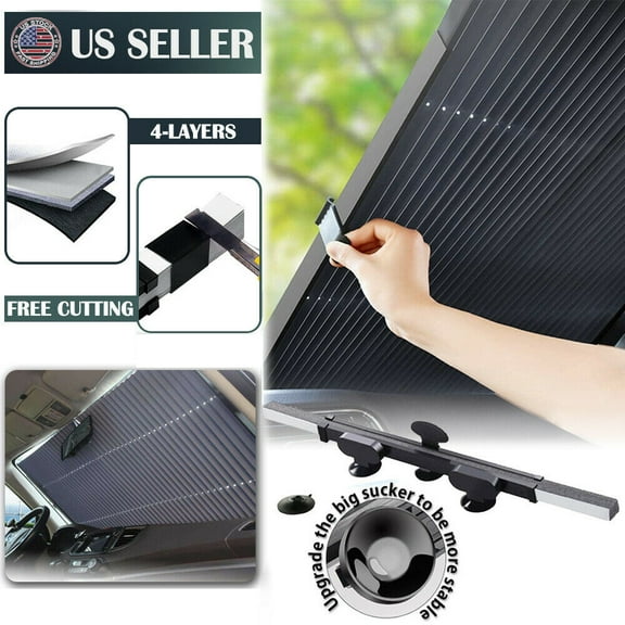 IClover Retractable Windshield Sun Shade for Car, Large Sun Visor Protector Blocks 99% UV Rays to Keep Your Vehicle Cool, Auto Sunshade Fits Front Window of Various Models with Suction Cups