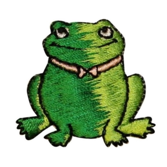 ID 0006B Green Frog w/ Pink Bowtie Embroidered Iron On Applique Patch