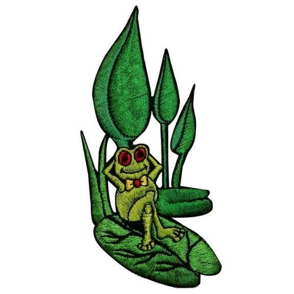 ID 0021 Green Frog Relaxing On Lily Pad Bowtie Embroidered IronOn Applique Patch