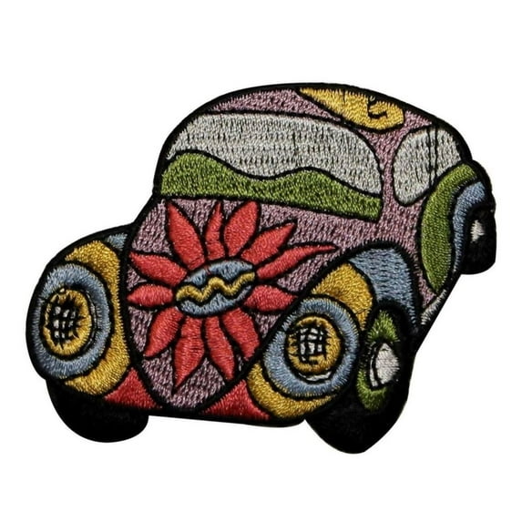 ID 0027 VW Bug Car Multi Colored Peace Hippie Embroidered Iron On Applique Patch