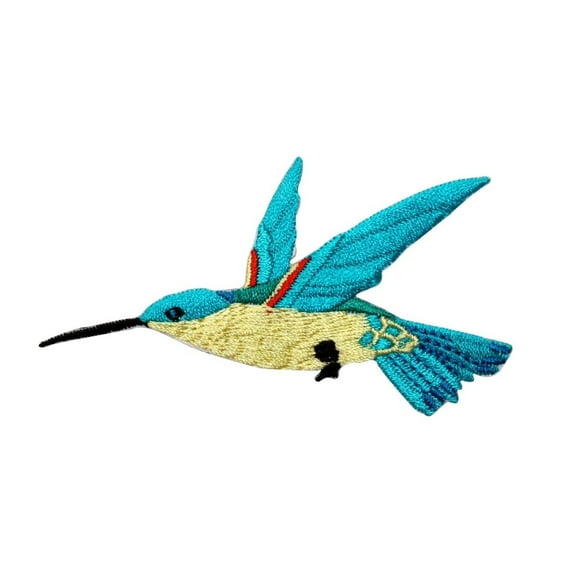 ID 0495C Blue Feathered Flying Hummingbird Patch Embroidered Iron On Applique