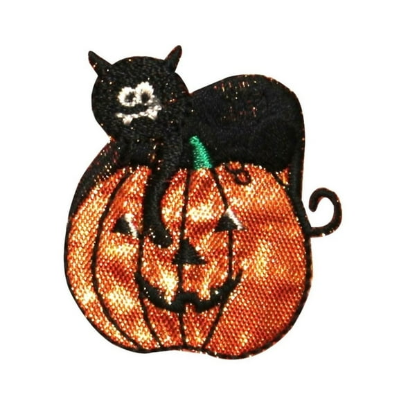 ID 0819 Black Cat & Pumpkin Patch Halloween Scary Embroidered Iron On Applique