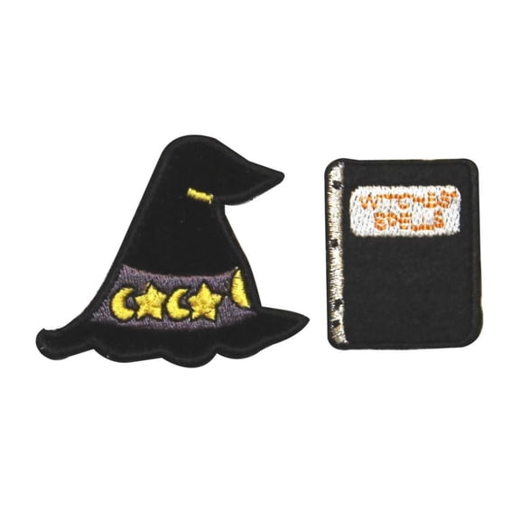 ID 0903AB Set of 2 Witch Hat Spell Book Patches Embroidered Iron On Applique