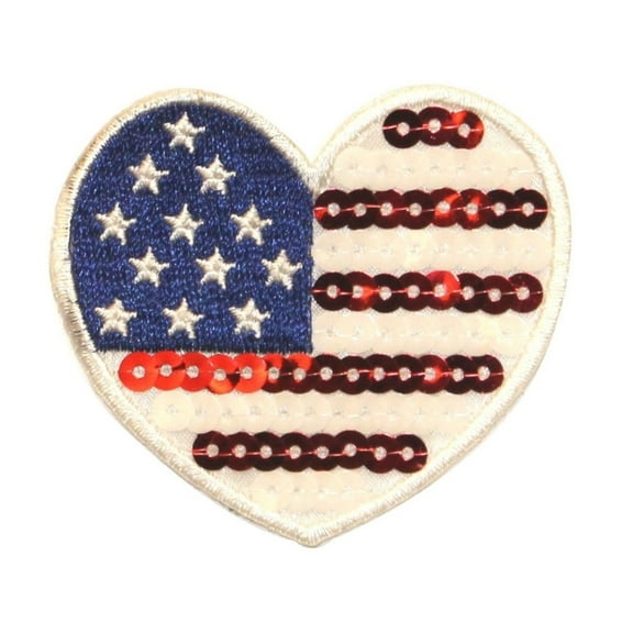 ID 1067 American Flag Heart With Sequins Patch USA Embroidered Iron On Applique