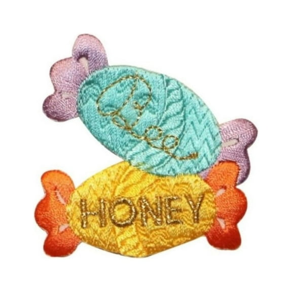 ID 1317A Pair of Bee Honey Candy Patch Candies Wrap Embroidered Iron On Applique