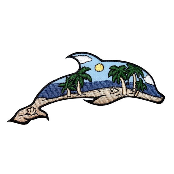 ID 1694 Beach Scene Dolphin Patch Ocean View Craft Embroidered Iron On Applique